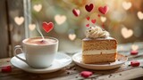 Cup of coffee and cake, cup of coffee and slice of cake with hearts flying in the air.