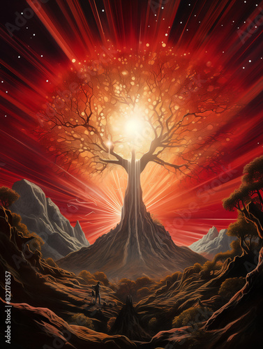 Volcanic Dawn  The Red Sun s Ascent Amidst the Giant Tree s Embrace
