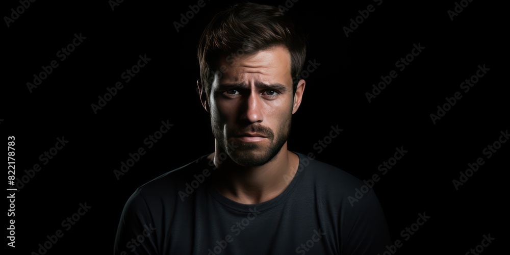 Black background sad european white man realistic person portrait of young beautiful bad mood expression man Isolated on Background depression anxiety fear 