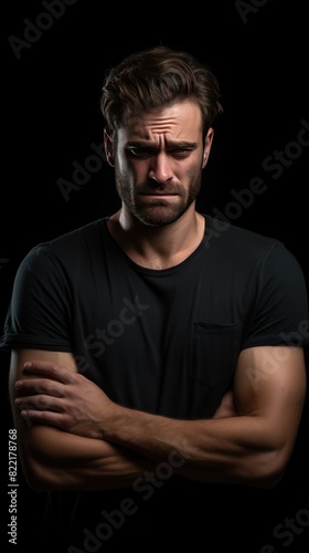 Black background sad european white man realistic person portrait of young beautiful bad mood expression man Isolated on Background depression anxiety fear 