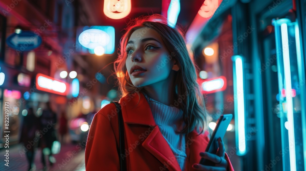 An attractive female walking in a modern city street with neon lights at night using her smartphone and looking around the urban cinematic environment.