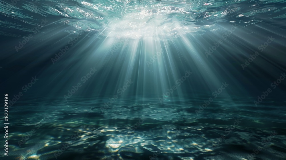 Underwater illustration of sun rays rendered in 3D.
