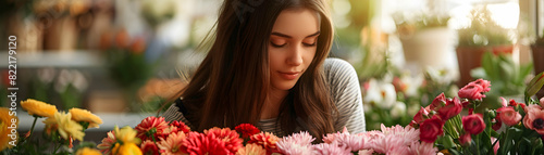 Photo realistic depiction of a woman arranging flowers, showcasing the creativity, beauty, and satisfaction of this floral hobby Concept for Photo Stock