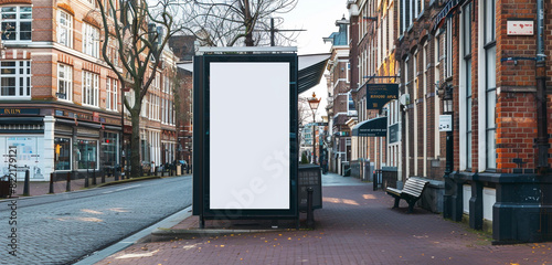 Historical brick buildings surround a micro vertical blank billboard mockup at a central city bus stop. photo