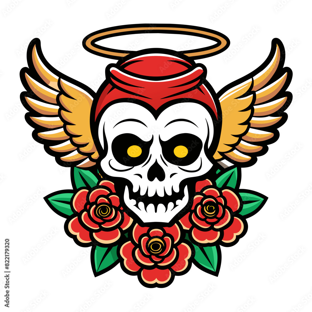 skull with angel wings and roses, with a vintage tattoo style. Use a light yellow background and ensure the colors are vibrant and bold skull with angel wings and roses, with a vintage tattoo style. Use a light yellow background and ensure the colors are vibrant and bold