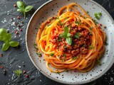 ，at Sauce Pasta with Carrot Noodles on White Plate - Tempting 4K Wallpaper with AI-generated Background，The shot is a medium shot taken from a low angle top view,noodles on a white plate on a dark mar