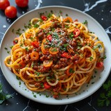 ，at Sauce Pasta with Carrot Noodles on White Plate - Tempting 4K Wallpaper with AI-generated Background，The shot is a medium shot taken from a low angle top view,noodles on a white plate on a dark mar