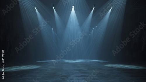 A 3D rendering shows a stage with a dark background illuminated by spotlights.