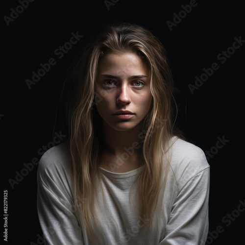 Black background sad european white Woman realistic person portrait of young beautiful bad mood expression Woman Isolated on Background depression anxiety fear burn 