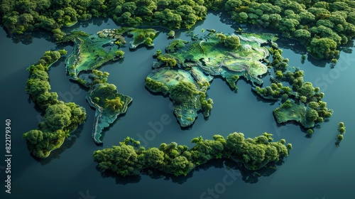 A 3D illustration of rainforest lakes shaped like world continents. Sustainable development concept designed for the environment.