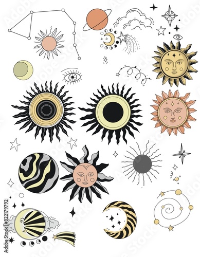 Sun graphics symbols astrology tarot cute cartoon coloring tattoo set separately on a white background stars space boho horoscope