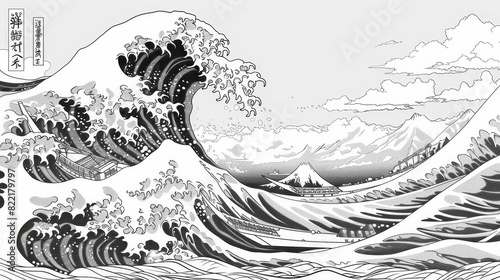 A page of Hokusai's The Great Wave Of Kanagawa to color
