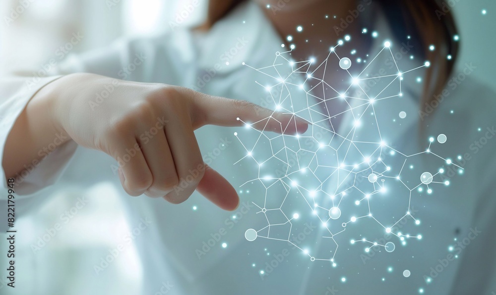 scientist uses forefinger to touch a floating holographic review generative ai  art