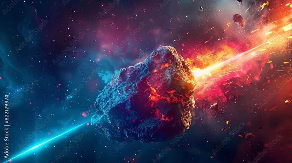 Bright colors with a space abstract background, a burning comet, a flash, and a laser shining through the stone Bright colors with a space abstract background, a burning comet, a flash, and a laser shining through the stone