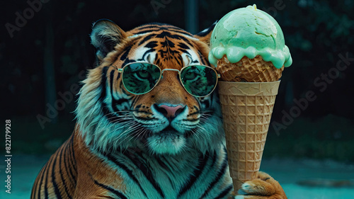 Pink tiger in sunglasses with an ice cream cone on a background of palm trees and a sandy beach at night