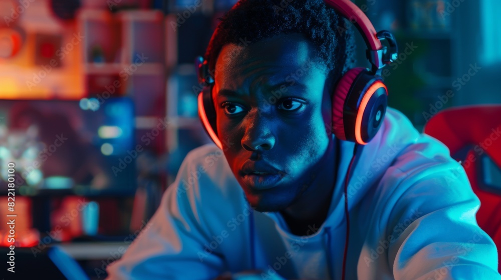 The Black Male Player Is Playing Online RPG Strategy Arcade Multiplayer PvP Tournament on Stylish High End Computer at Home Wearing Headphones.