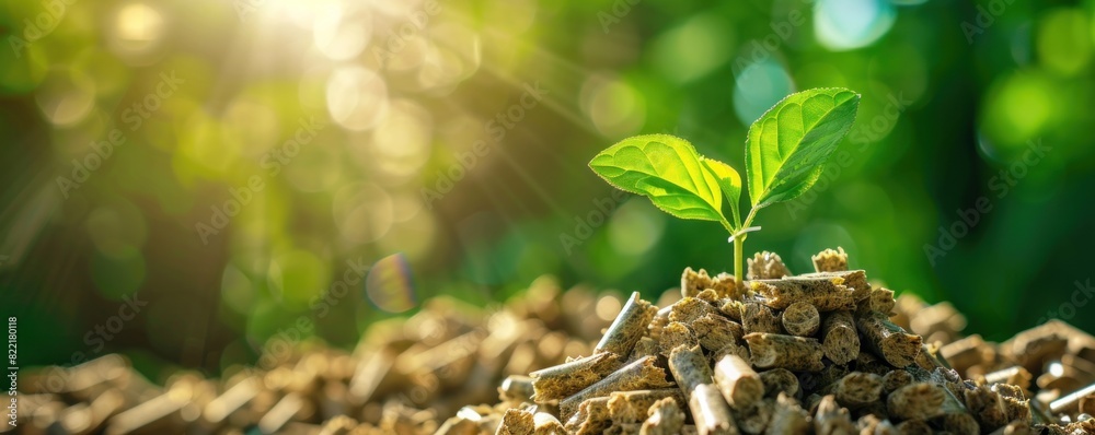 Young Seedling Sprouting from a Pile of Wood Pellets: Symbolizing Renewable Energy and Sustainable Growth in Nature Young Seedling Sprouting from a Pile of Wood Pellets: Symbolizing Renewable Energy and Sustainable Growth in Nature