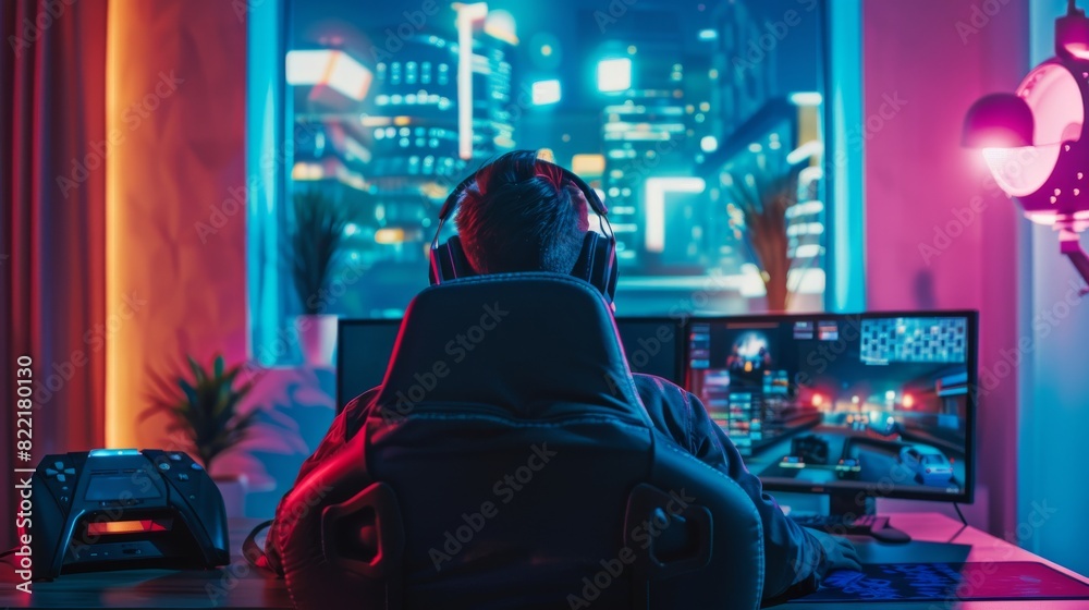 In a Stylish Retro Neon Room, an eSports Athlete Plays a 3D Shooter Video Game with a Lot of Action and Fun. In a Stylish Retro Neon Room, an eSports Athlete Plays a 3D Shooter Video Game with a Lot of Action and Fun.