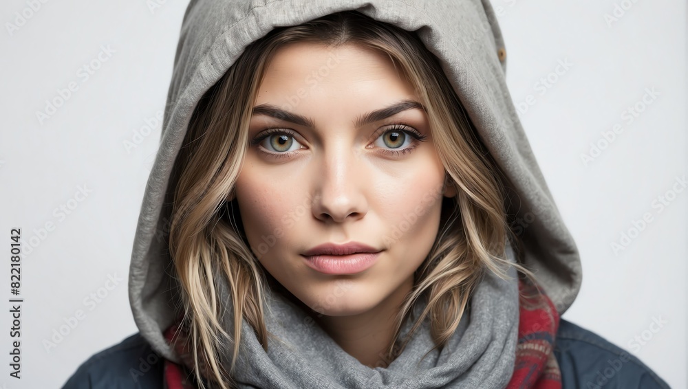 headshot of homeless beautiful woman model on plain white background studio from Generative AI