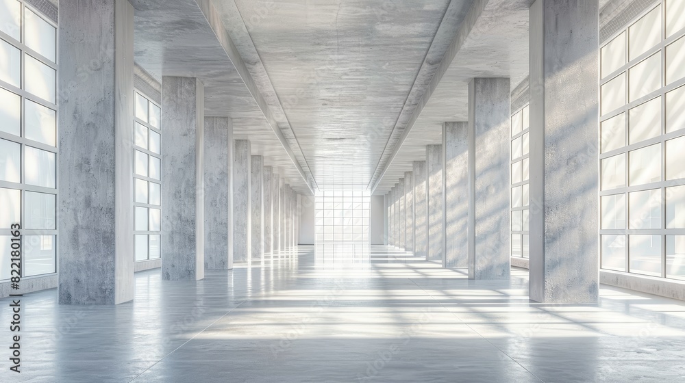 3D rendering of a modern empty hall with big white glowing windows and many columns made of concrete material
