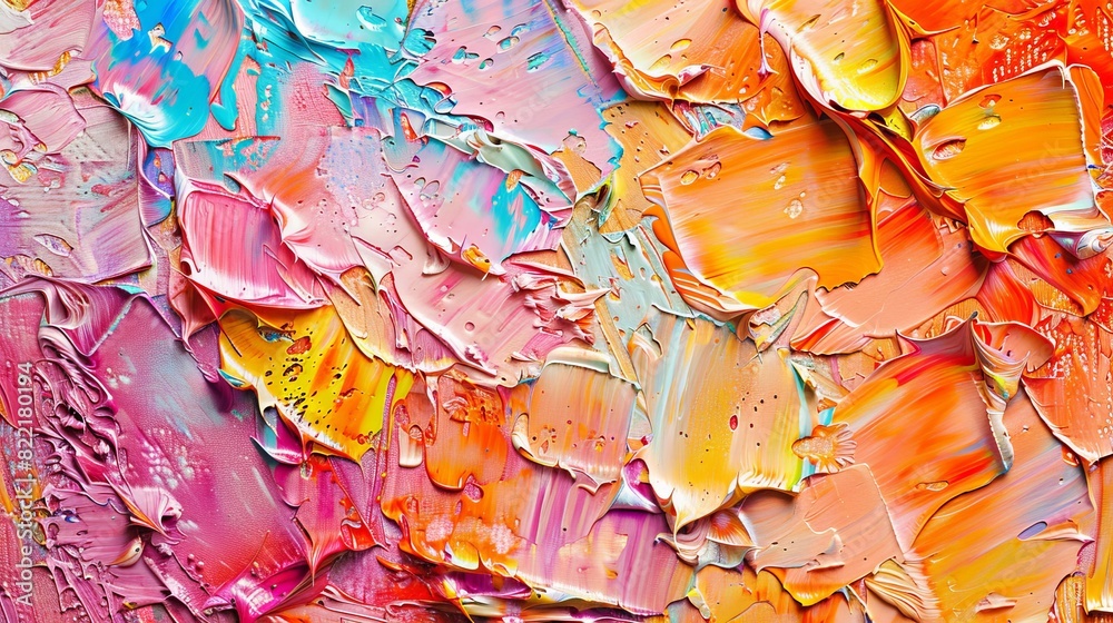 Detail of multicolored texture painting. Abstract art background. Oil on canvas. Rough brushstrokes of paint. Close-up of highly textured, detailed painting.