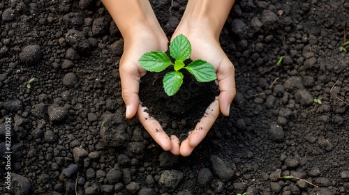 Hands holding soil with small plant growing, symbolizing growth and environmental care . 