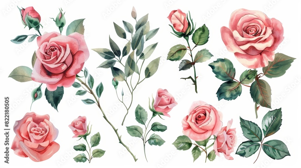 The set is composed of watercolor arrangements with roses. Collection consists of garden pink flowers, leaves, branches, Botanic illustration isolated on a white background. The set is composed of watercolor arrangements with roses. Collection consists of garden pink flowers, leaves, branches, Botanic illustration isolated on a white background.