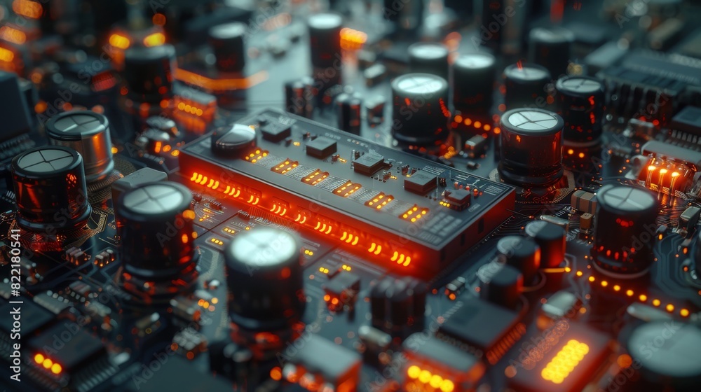 This high-tech image features a close-up view of a futuristic circuit board with illuminated elements, showcasing advanced technology and electronic sophistication This high-tech image features a close-up view of a futuristic circuit board with illuminated elements, showcasing advanced technology and electronic sophistication