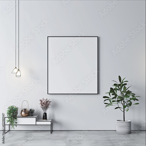 Modern gallery space with a central large square blank poster on a white wall. photo