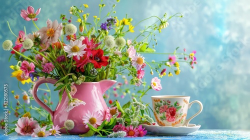 A rustic and charming still life scene featuring an old, metal watering can filled with wildflowers, set beside a delicate porcelain cup of steaming tea. 
