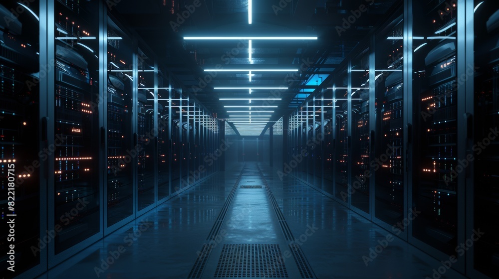 Data Technology Center Server Racks Working in Dark Facility. Concept of Internet of Things, Big Data Protection, Storage, Cryptocurrency Farm, and Cloud Computing. 3D Rendering of Warehouse. Data Technology Center Server Racks Working in Dark Facility. Concept of Internet of Things, Big Data Protection, Storage, Cryptocurrency Farm, and Cloud Computing. 3D Rendering of Warehouse.