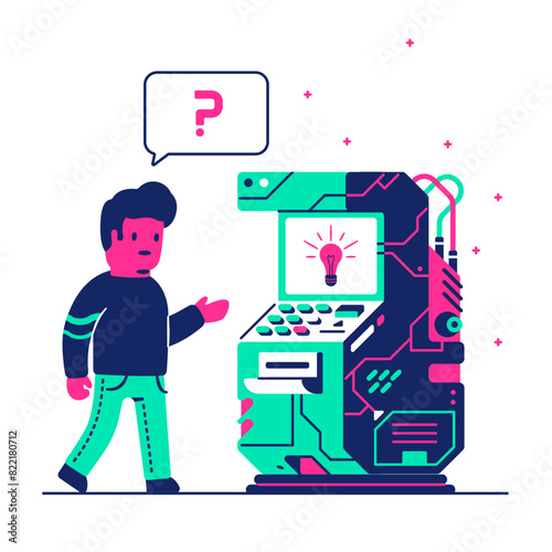 Man solving the problem by referring to the machine generator of ideas