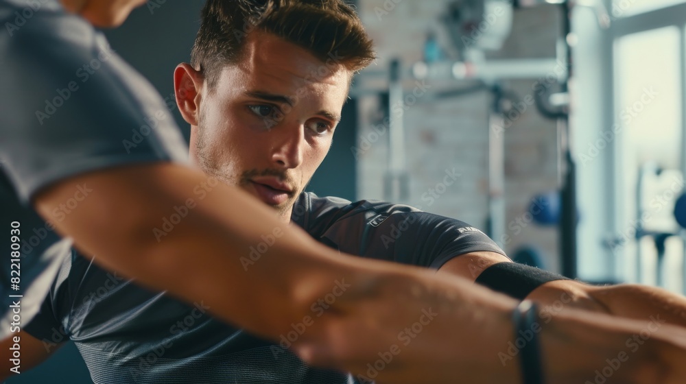 Young Male Athlete Recovering From Mild Injury, Undergoing Complex Rehabilitation with Sports Physiotherapist Stretching and Working on Specific Muscle Groups or Joints. Young Male Athlete Recovering From Mild Injury, Undergoing Complex Rehabilitation with Sports Physiotherapist Stretching and Working on Specific Muscle Groups or Joints.