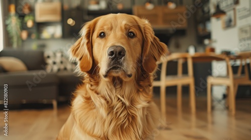 Golden Retriever Dog Sitting in Loft Living Room  Looking at Camera. Close-Up of Top Quality Pedigree Specimen Shows It s Smartness  Cuteness  and Noble Beauty.
