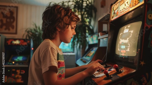 Nostalgic childhood concept showing a young boy playing an eight-bit arcade game in his room with an old-school interior. He successfully completes the level. photo