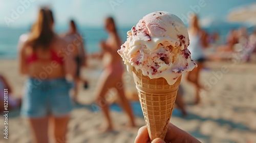 Ice cream in hand on the beach with people walking around blurred, summer vibe, close up, focus on ice cream in the style of blurred people walking around, summer feeling. 