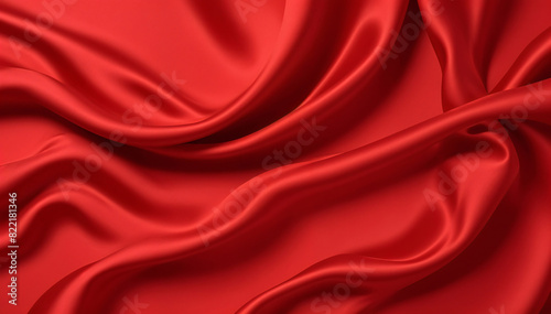 Red smooth fabric surface background. Elegant red silk with folds like waves. Red texture background.
