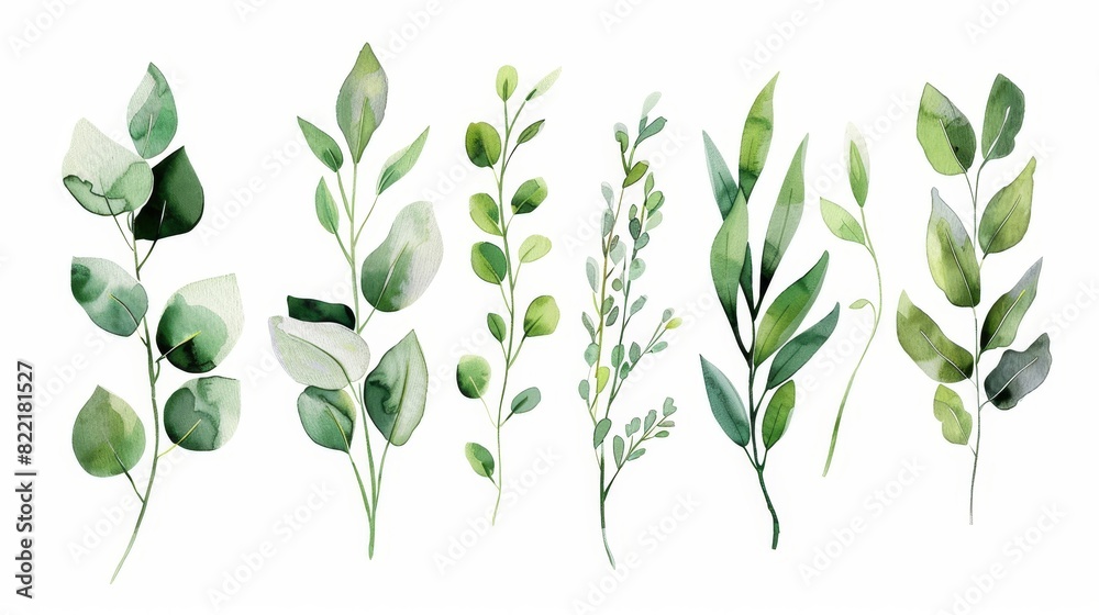 Set of watercolor illustrations of green leaf branches for wedding stationary, greeting cards, wallpapers, fashion, background. Eucalyptus, olive, green leaves. Set of watercolor illustrations of green leaf branches for wedding stationary, greeting cards, wallpapers, fashion, background. Eucalyptus, olive, green leaves.