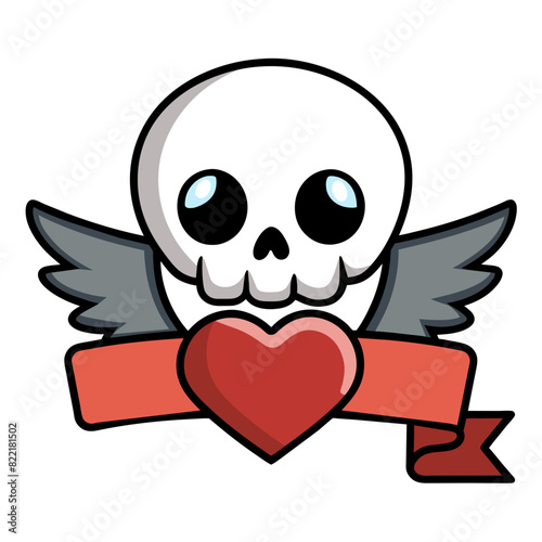 Skull with angel wings holding a shattered heart. Incorporate a vintage tattoo style with a scroll banner below the heart for personalized messages