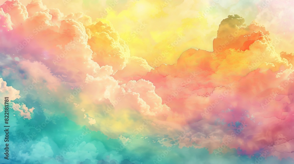Stunning watercolor background of a sunset sky with puffy clouds in a rainbow of pink green blue yellow and purple colors.