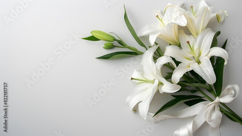 A bouquet of white lilies with ribbon on the right side, centered in the frame against a plain background.
