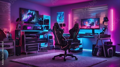 A dimly lit room with purple and blue neon lights. There is a gaming chair in front of a desk with two computer monitors, a keyboard, and a mouse. There are also several gaming consoles and other elec photo