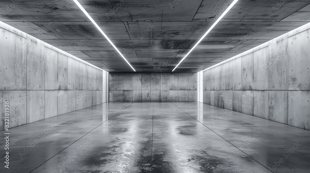 This is an abstract, modern hallway with direct ceiling lights in the back - a background template for an industrial interior. This is an abstract, modern hallway with direct ceiling lights in the back - a background template for an industrial interior.
