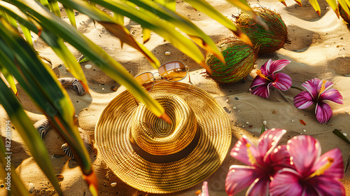 Stylish Beach Accessories Arranged on Sandy Shore, Inviting a Chic and Relaxing Day