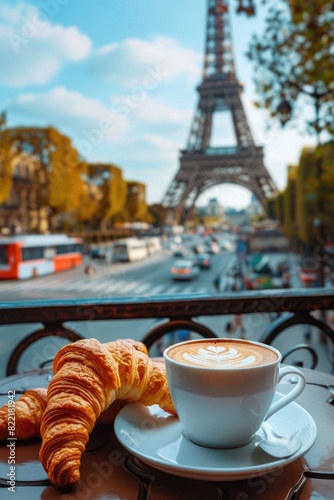 coffee and croissants against the background of the Eiffel Tower. Selective focus