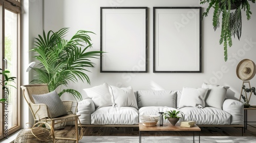 Frame mockup in farmhouse living room, 3D render