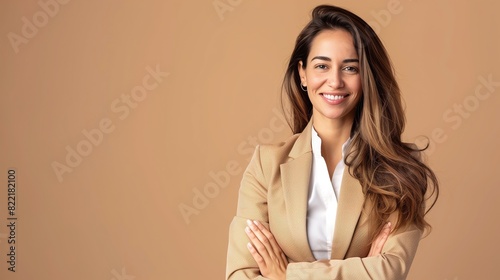 A beautiful businesswoman, dressed in a sleek professional attire, standing confidently against a solid colored background