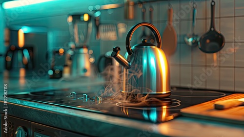 the kettle is boiling on the stove. Selective focus photo