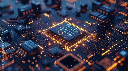 Wallpaper Mural Abstract technology background featuring a quantum computing system with a processor and electronic circuits, artificial neurons, and global data connections. Torontodigital.ca