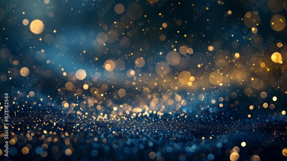Obraz premium Background with dark blue and gold particles. Christmas golden light shine particles bokeh on navy blue background. Gold foil texture. Holiday concept.